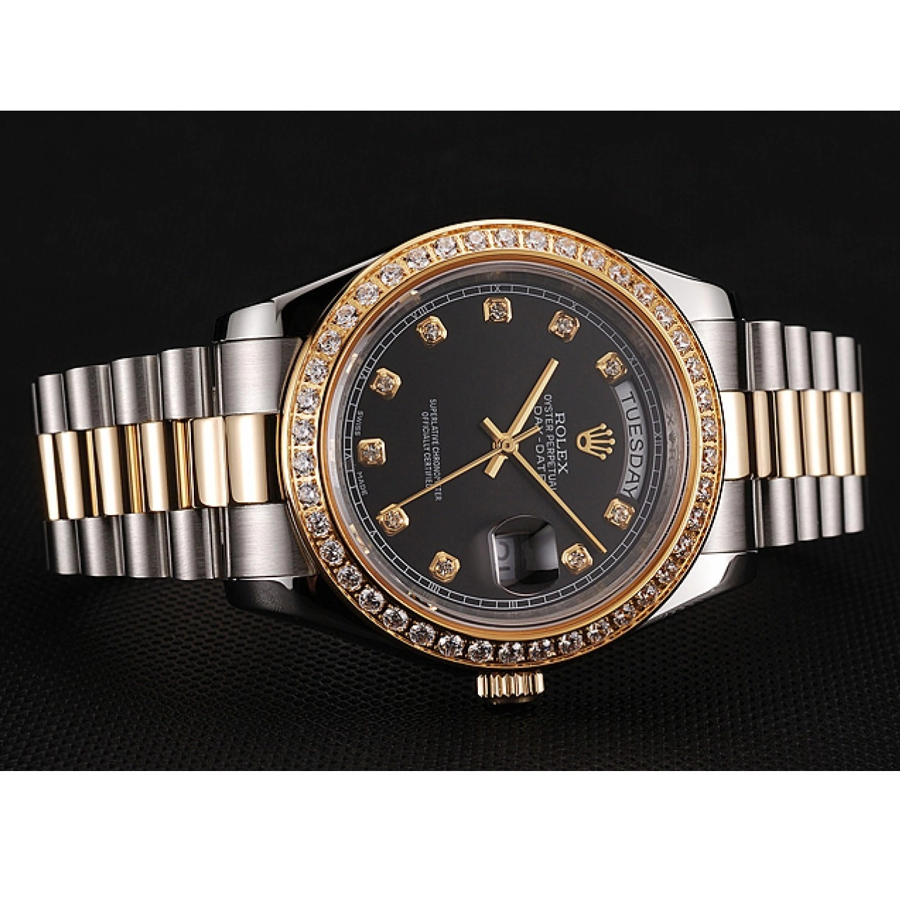 Aaa replica watch Rolex Diamond Gold Tone Dial Two Swiss Stainless Bracelet Black Steel Case Day-Date 1453975 0817